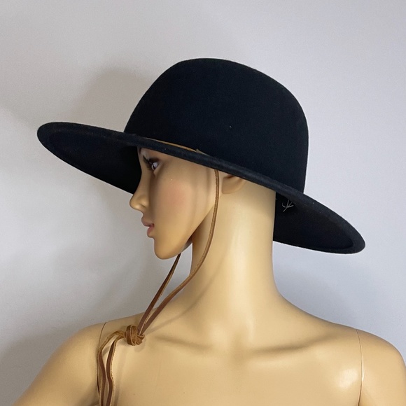 NWT black felt wide brim boho glam Brixton hat with brown suede drawstring tie. main image 10